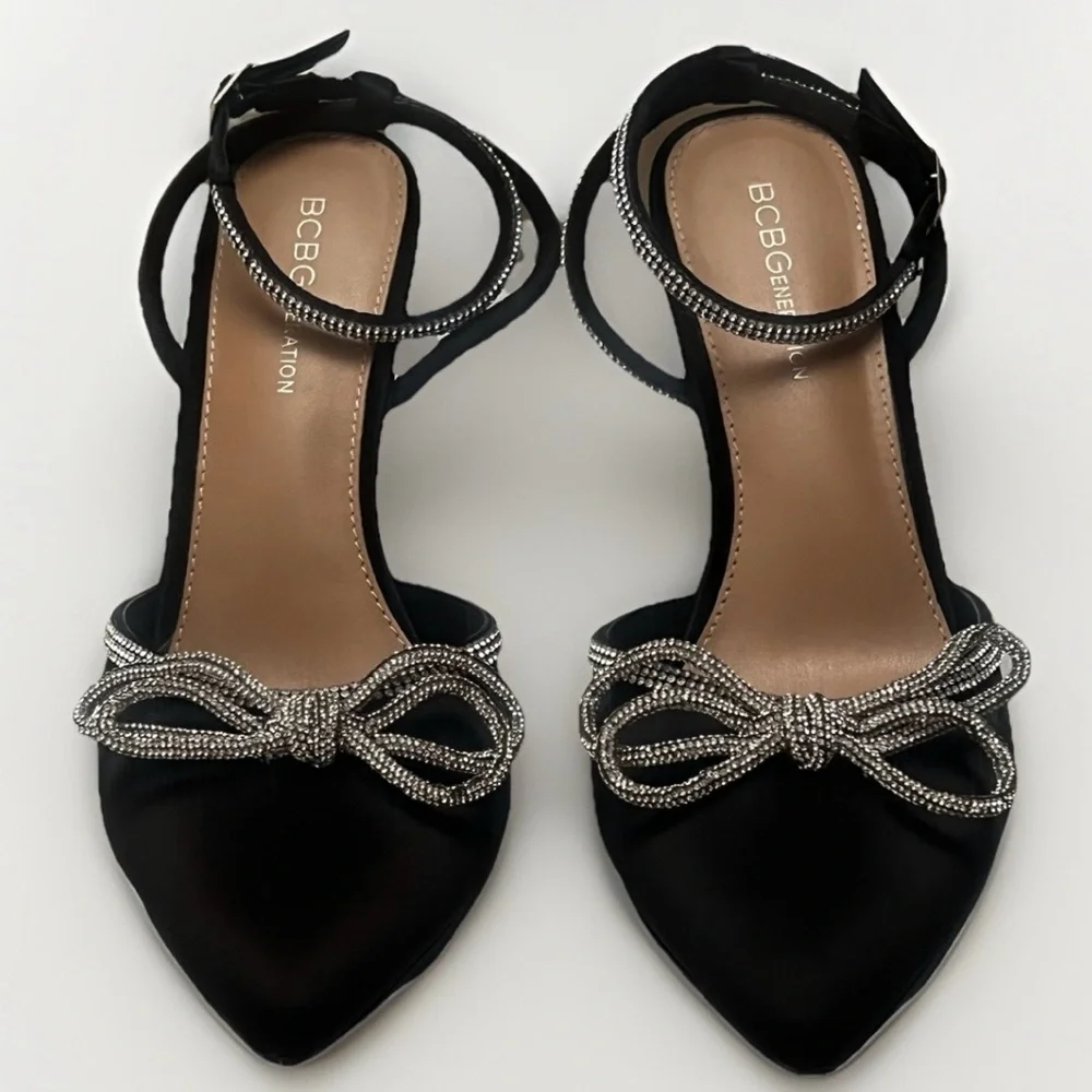 BCBGeneration Black Satin Heels Rhinestone Bows Pointed Toe Shoes Womens Sz 9.5